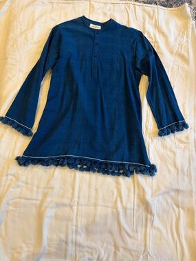 Dosa organic khadi cotton Navy Blue Tunic Top with Tassel Trim